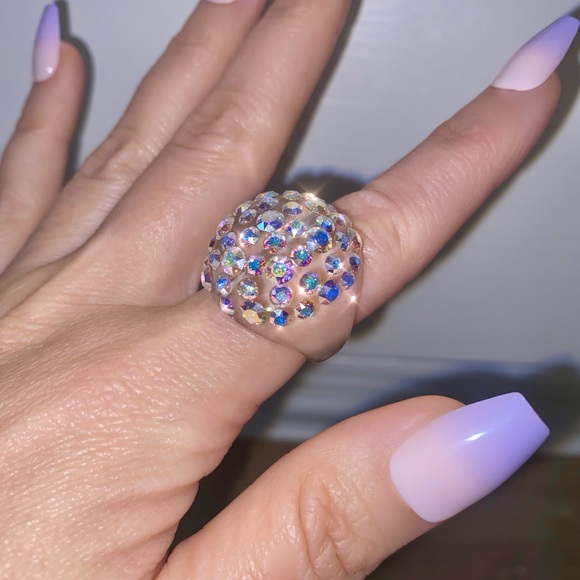Aurora Borealis Swarovski Crystal Ring, Clear Lucite Ring, AB Crystal Dome Ring - Picture 7 of 10